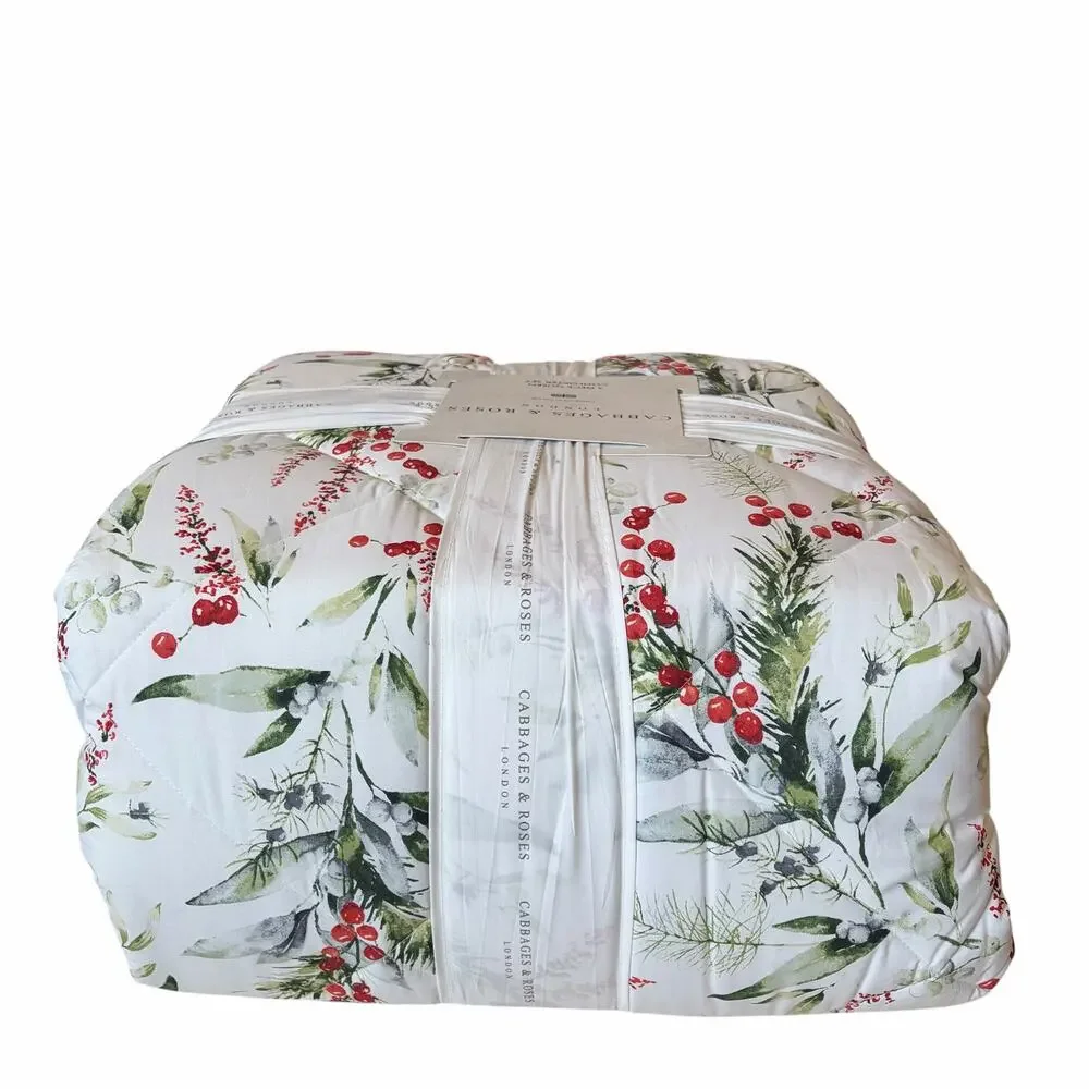 3pc Cabbages & Roses Christmas Foliage Fir Ruby QUEEN Comforter Set NEW